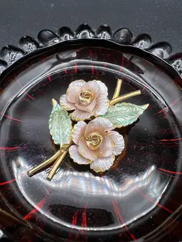 Coro Metallic Painted Roses Golden Brooch