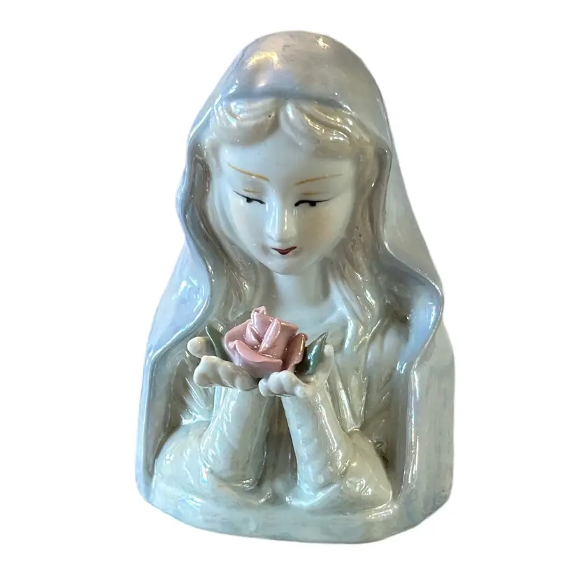Vintage Mother Mary Holding Flower Porcelain Lusterware Figurine