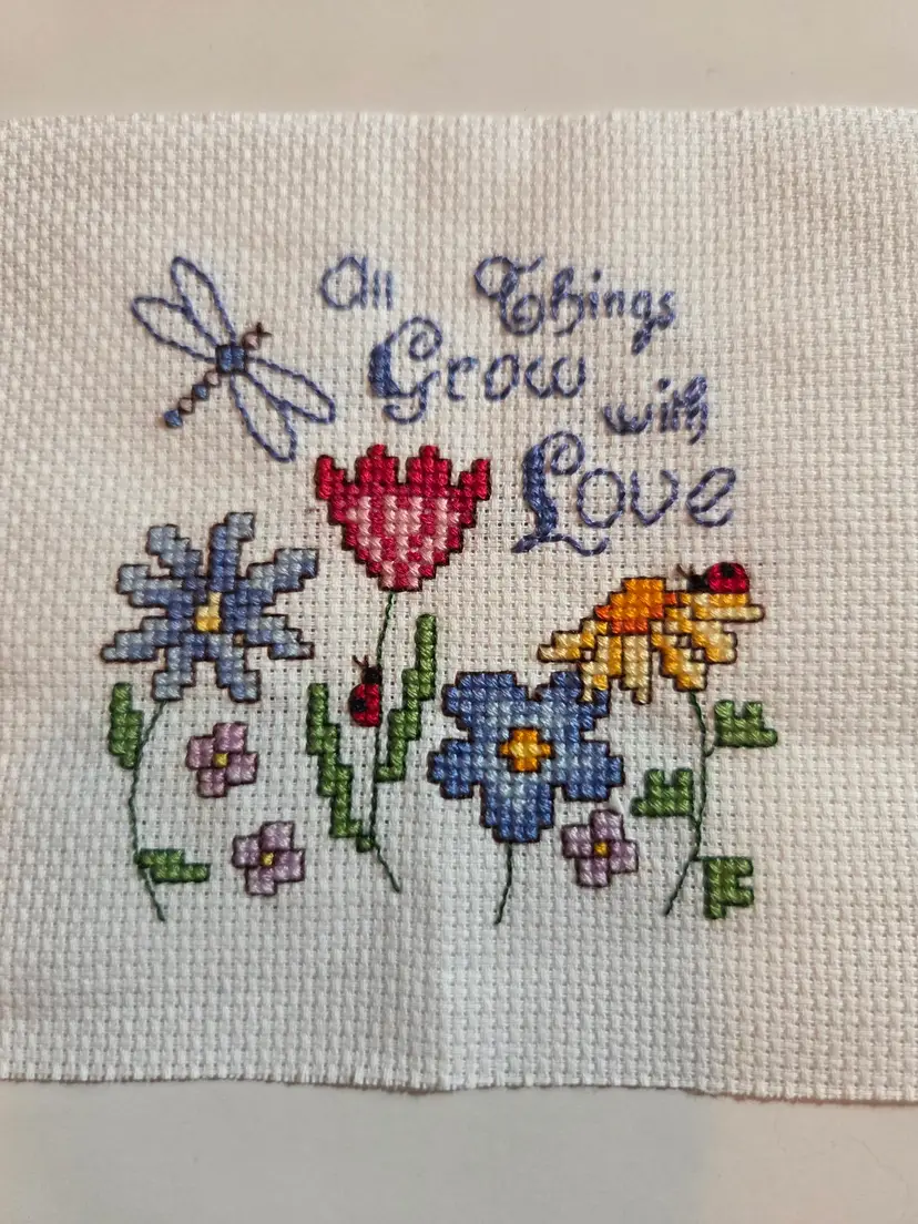 New Finished Cross-stitch Piece "All Things Grow With Love." Ready to frame or add to craft.