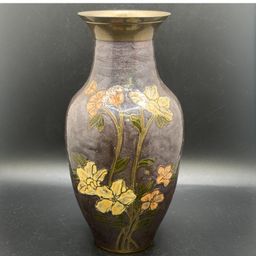 Solid Brass Hand Painted Floral Design Vase 7 3/4”
