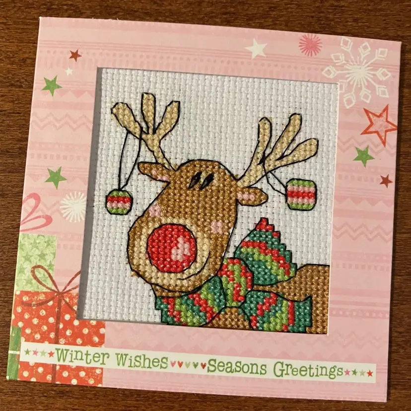 #01 - Handmade Cross Stitch Colorful Deer Card
