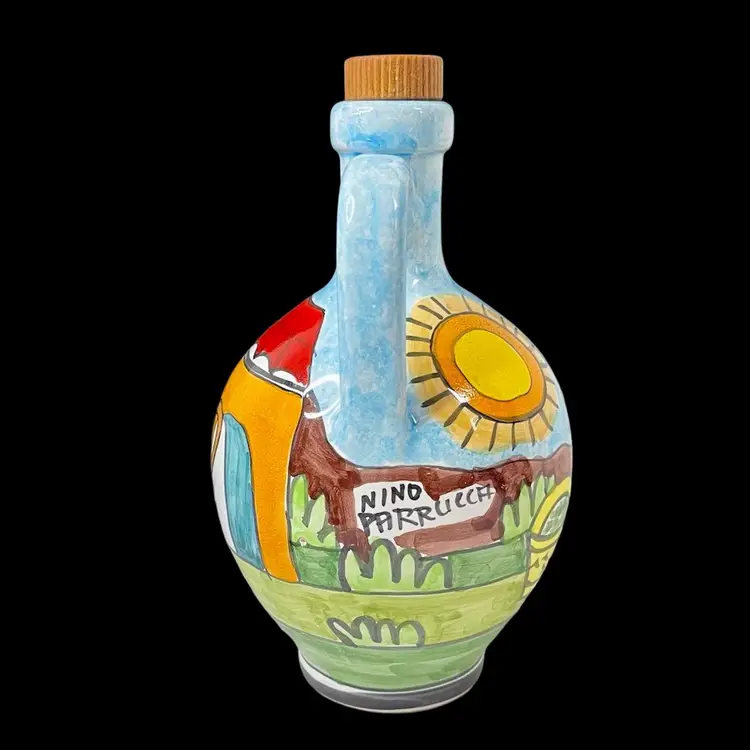 Italian Pottery Bottle with Handles Nino Parrucca Made In Italy  Hand Painted Blue Orange Green Yellow Sun 
7.5” T x 4-1/4” W