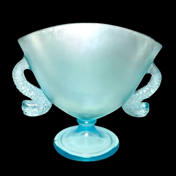 5-1/2” Fenton Aquamarine Blue Footed Double Handled Fan Vase. Dolphin 🐬 Shaped Glass Handles. Stunning Iridescent Sheen. Green-Yellow Glow Under UV Light. Art Nouveau Vibes.