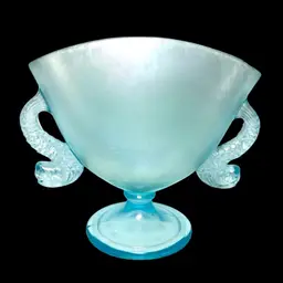 5-1/2” Fenton Aquamarine Blue Footed Double Handled Fan Vase. Dolphin 🐬 Shaped Glass Handles. Stunning Iridescent Sheen. Green-Yellow Glow Under UV Light. Art Nouveau Vibes.