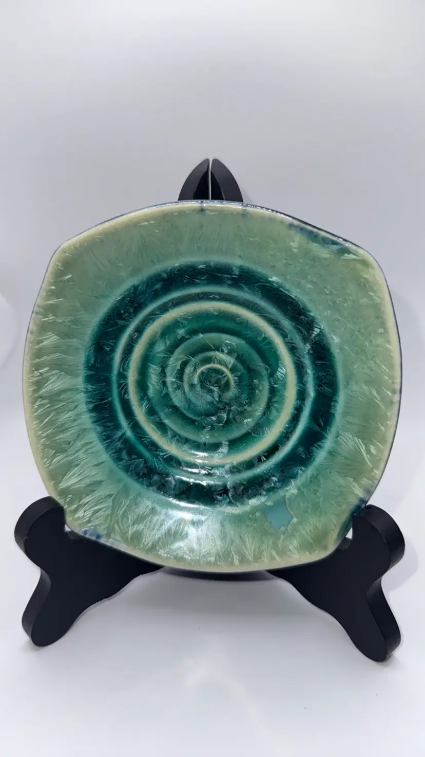 Bill Campbell green crystalline glaze pottery candle bowl or trinket dish