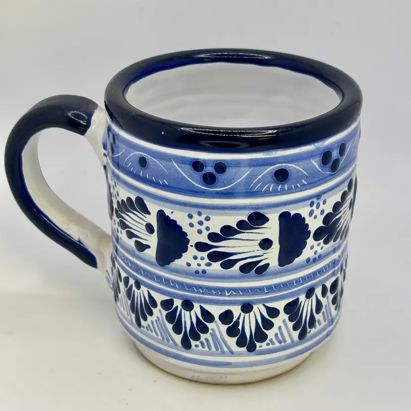 Mexican Blue Talavera Mug Signed 4”