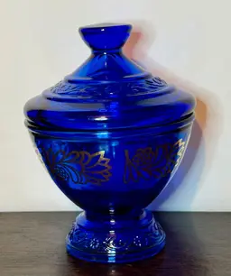 Cobalt Blue And Gold Floral Design Candy Or Candle Dish With Lid.