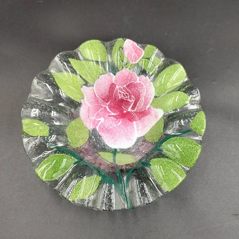 Vtg Sidenstricker Fused Glass Rose Bowl