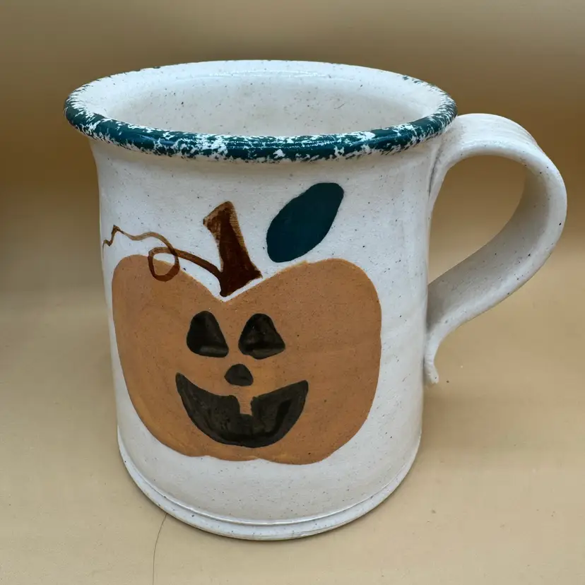 Fall Pottery MUG Pumpkin Sponge-ware 1991 Studio Marked Ohio Made Vintage Three Rivers