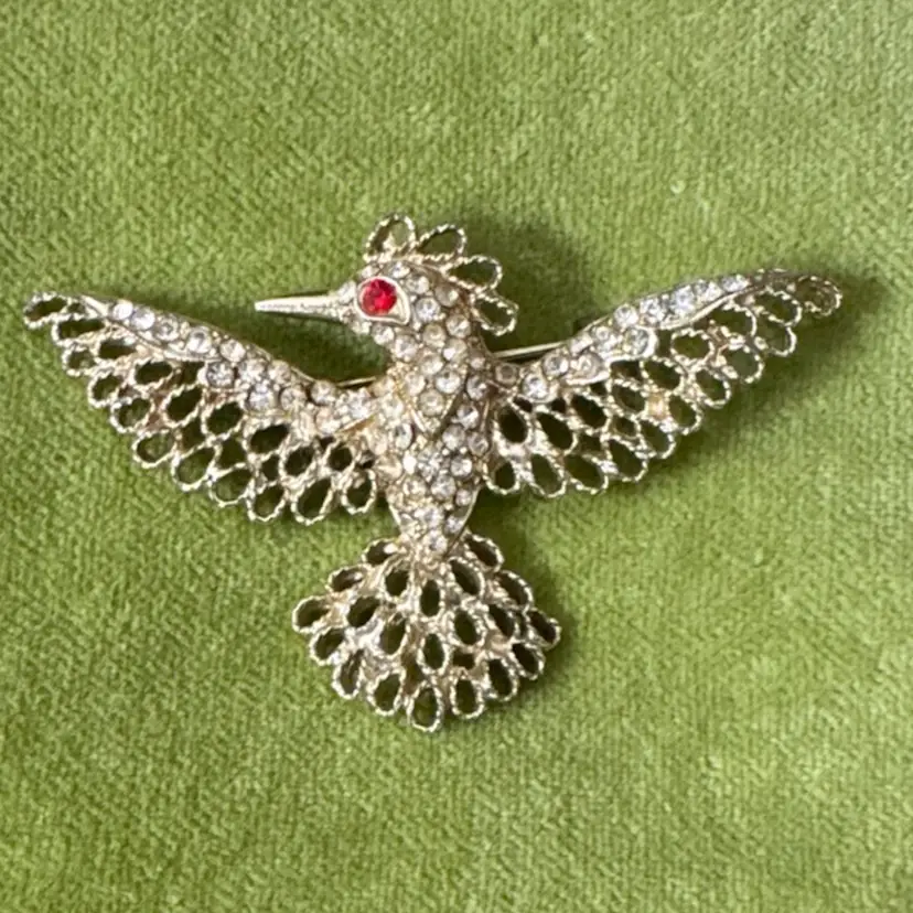 Rhinestone And Gold Tone Bird Brooch