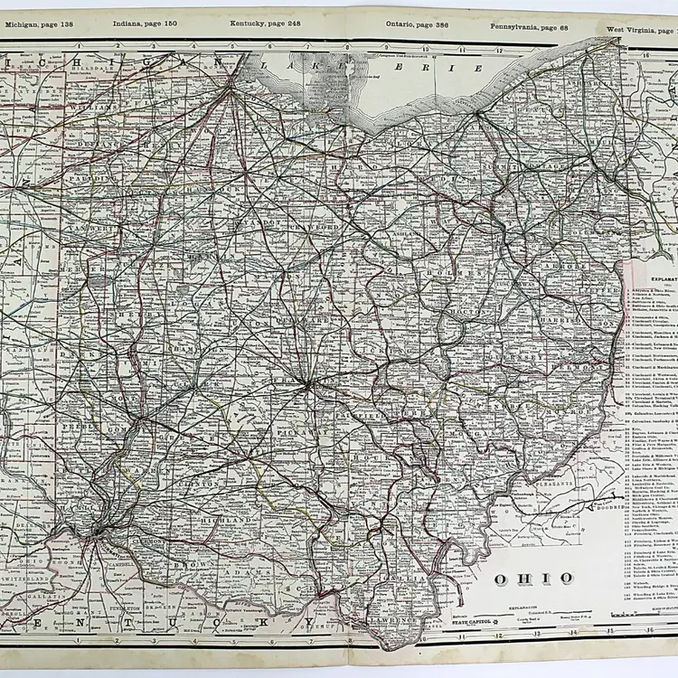 Railroad Map of Ohio circa 1900 Large 22 1/2 x 17 1/2 Full Color Lithograph #2