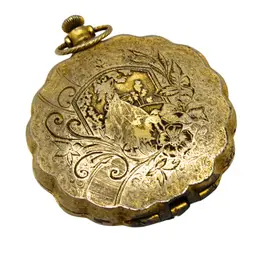 Vintage Max Factor Compact Golden Lark Pocket Watch Style Vanity Collectible