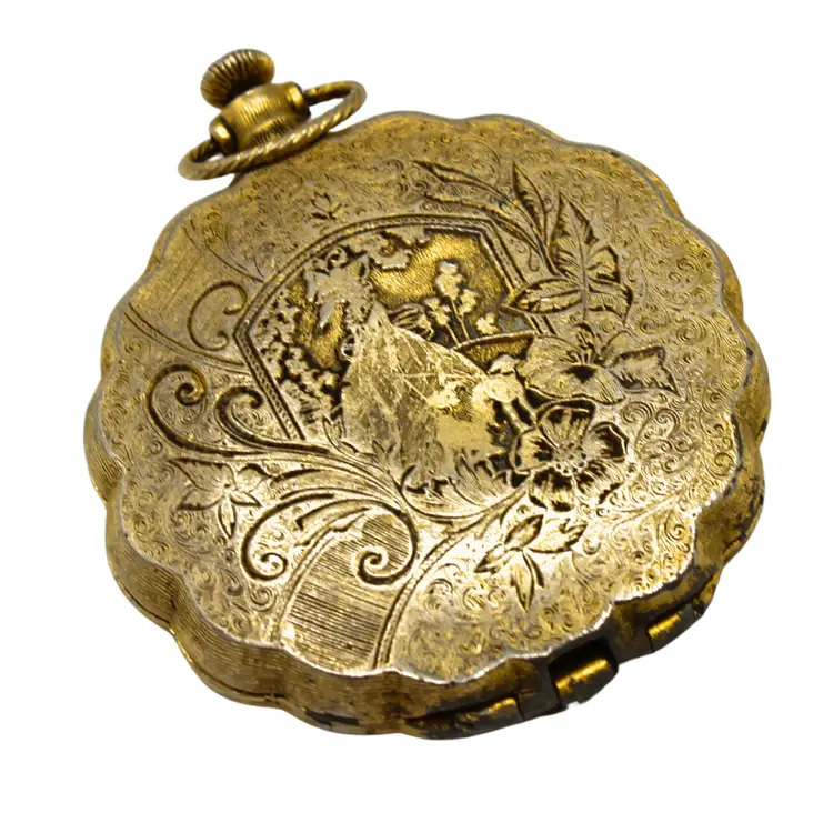 Vintage Max Factor Compact Golden Lark Pocket Watch Style Vanity Collectible