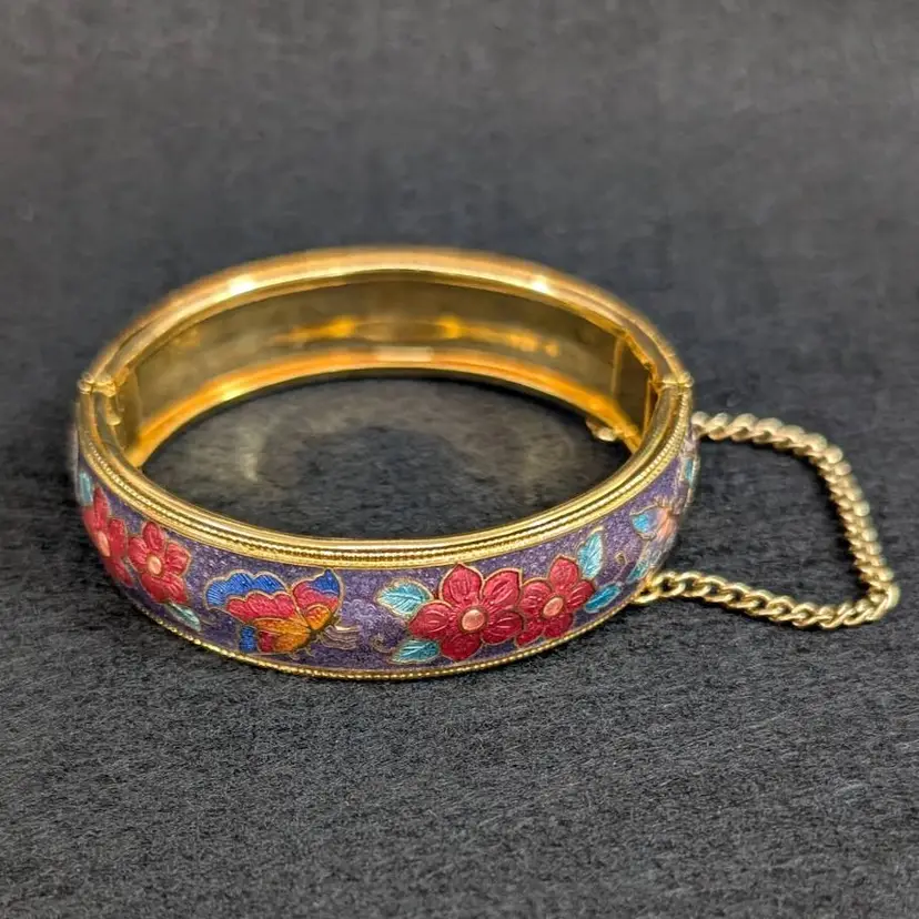 Vintage Cloisonne Butterfly Flower Multicolor Enamel Hinged Bangle Bracelet