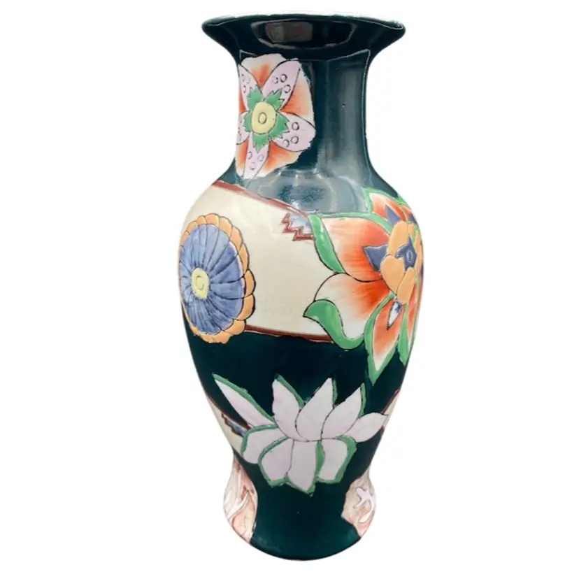 Colorful Hand-Painted Ceramic Vase, Varied Floral Design on Deep Teal, 12.3"