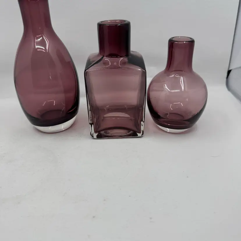 Trio Of Purple Hand Blown Vases, Sommerso Style Bases