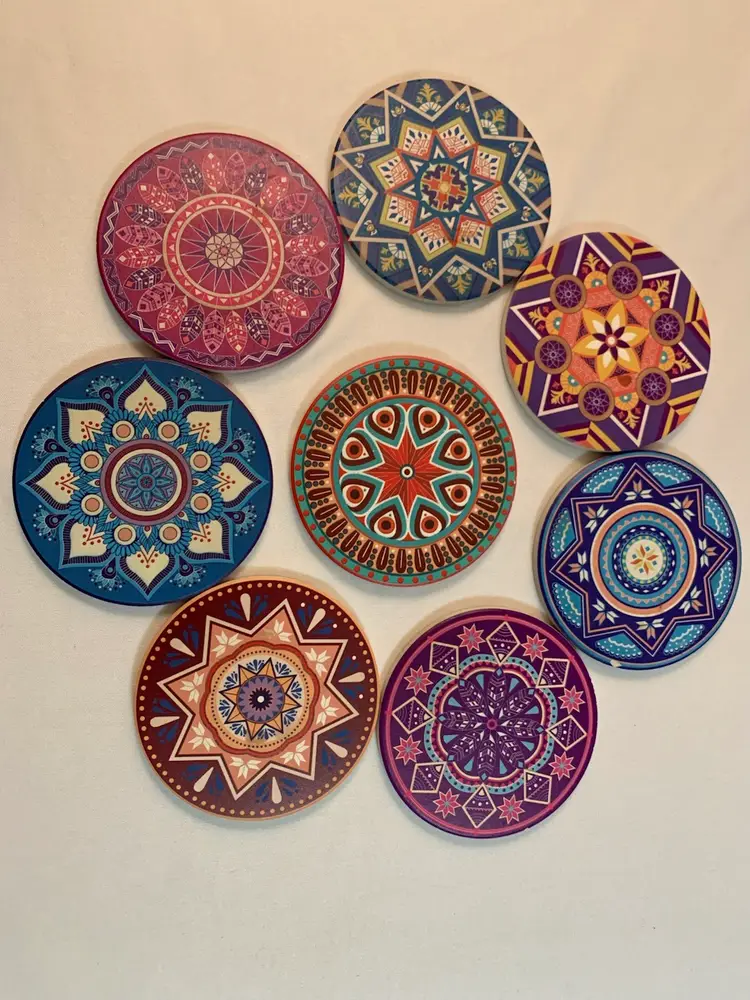Ceramic Coasters Set of 8 Mandala Round Cork Backed with Metal Holder 4"