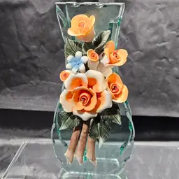 Glass Vase with Porcelain Flowers and 'V' Shaped Interior