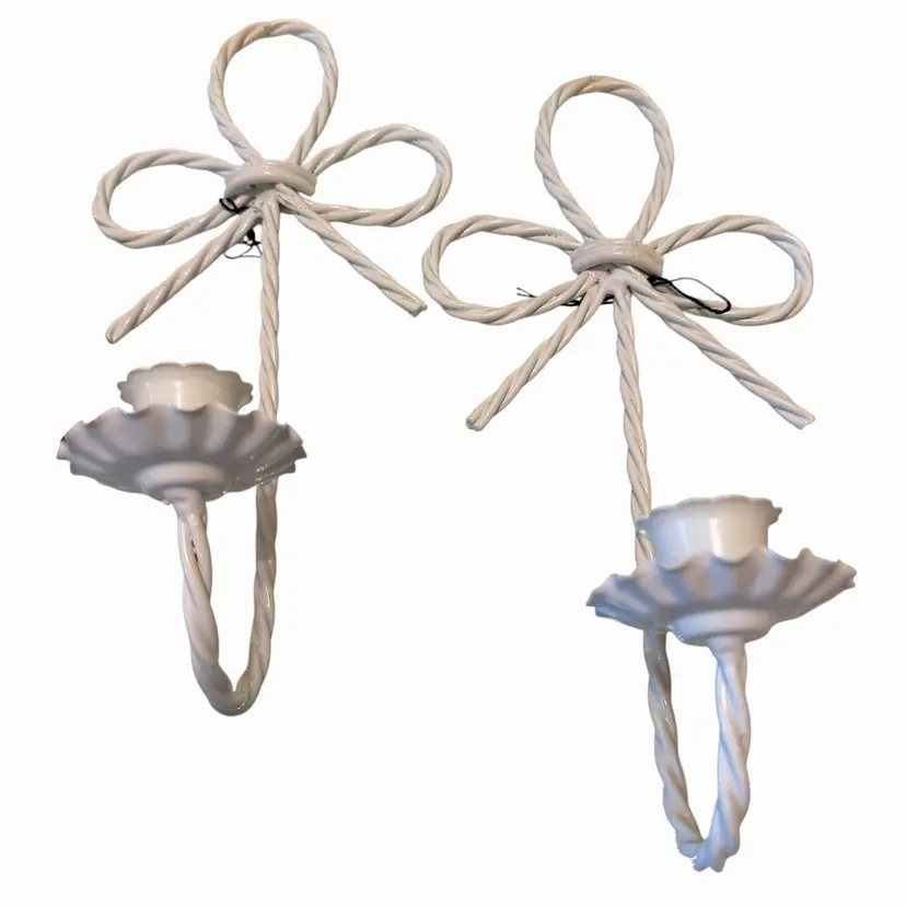 Vintage Pair White Twisted Bowtie Wall Sconces Hanging Candlestick Holders GUC