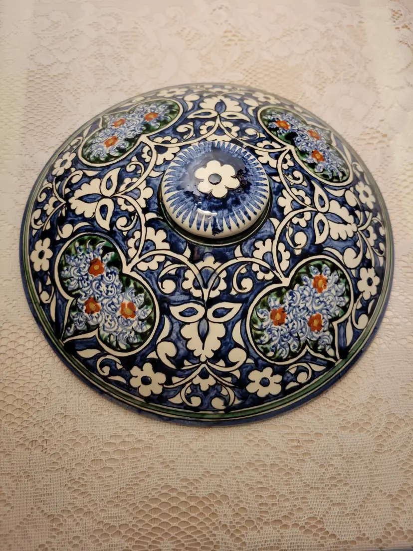 Vintage Hand Painted Pottery Lid Blue Green Floral Decor Possible Uzbek Rishtan Style 10 Inch
