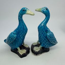 Antique Chinese Majolica Porcelain Turquoise Blue Mud Duck Figurines
