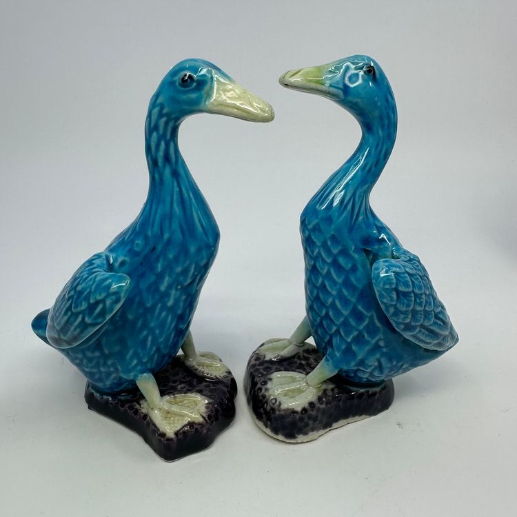 Antique Chinese Majolica Porcelain Turquoise Blue Mud Duck Figurines