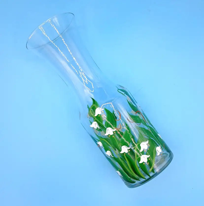 Hand-Painted Decanter, Lily-Of-The-Valley, White, Green & Gold, NOS