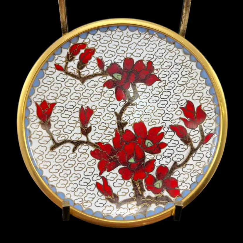 Cloisonné Floral Trinket Dish Plate, Red Flowers On Branch Cloisonné Dish Plate, Decorative Plate, Cloisonné Decor, Vanity Decor