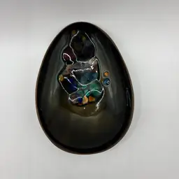 Kareka MCM Olive Green Enamel Over Copper Trinket Tray Signed