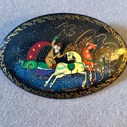 Handpainted Russian Troika Scene Brooch Pin 2.5”