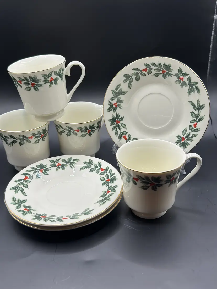 Vintage Holly Collection, 3 Saucers & 4 Cups, By Formalities Baum Bros., Made In China
