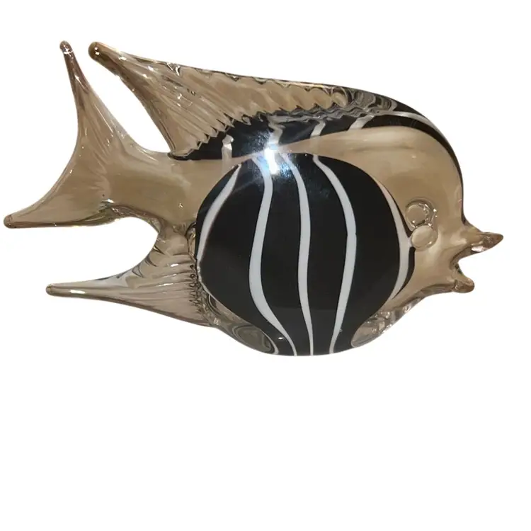 Taiwan Art Glass Fish Paperweight Black & White 4.5”