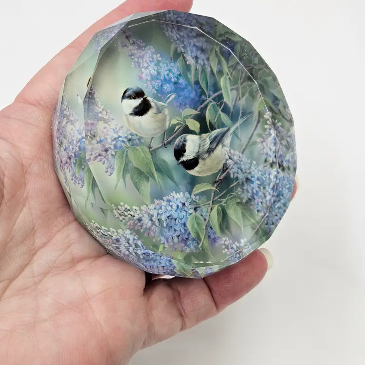 Faceted Crystal Glass & Chickadee Birds Paperweight