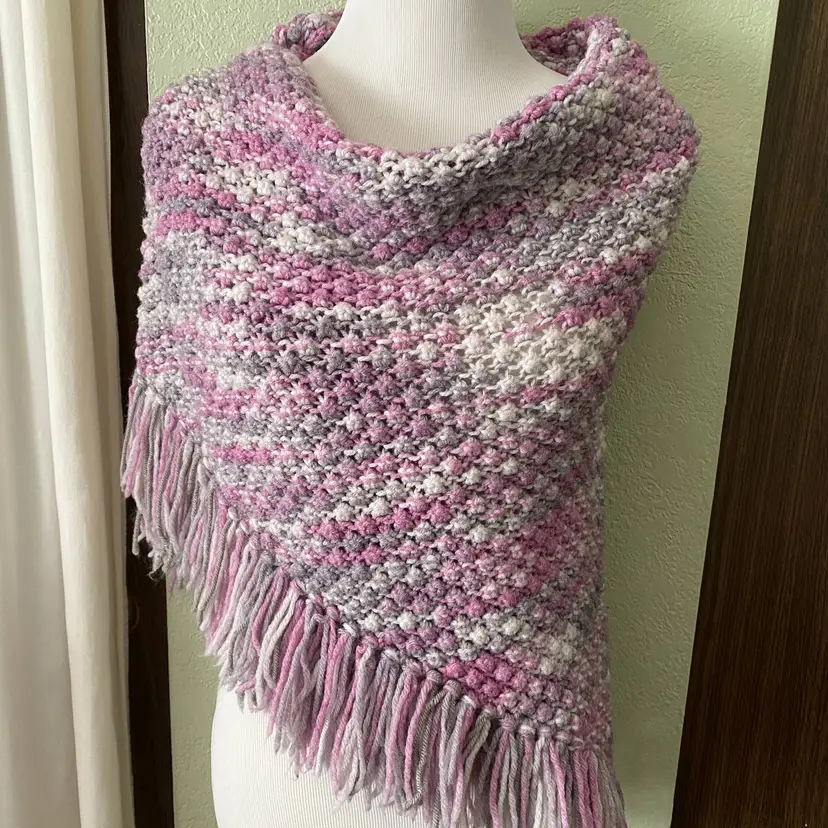 Hand Knit Pink and Gray Popcorn Stitch Fringe Triangular Shawl  31" x 72"
