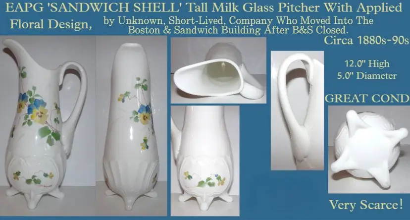 EAPG Victorian Milk Glass Pitcher w/Applied Floral Design & Handle, RARE!