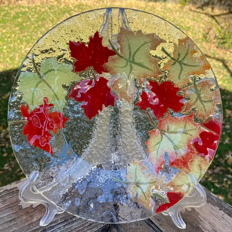 Anne C. Ross Fused Glass Plate. Fall Leaf Motif. Artist Signed. 8.5”w.
