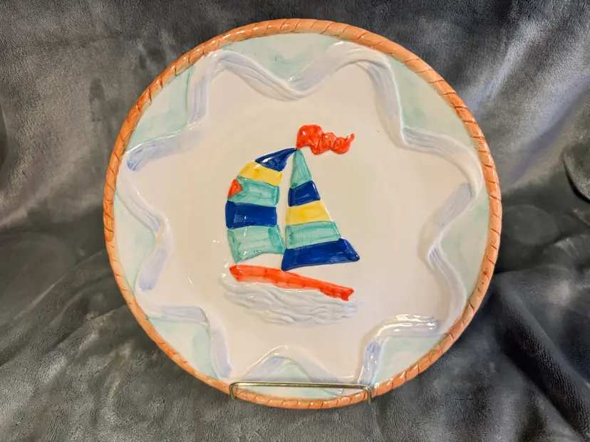 Vintage Pottery Ceramic Platter Art Plate Hand Painted Boat Ocean Sea Nautical