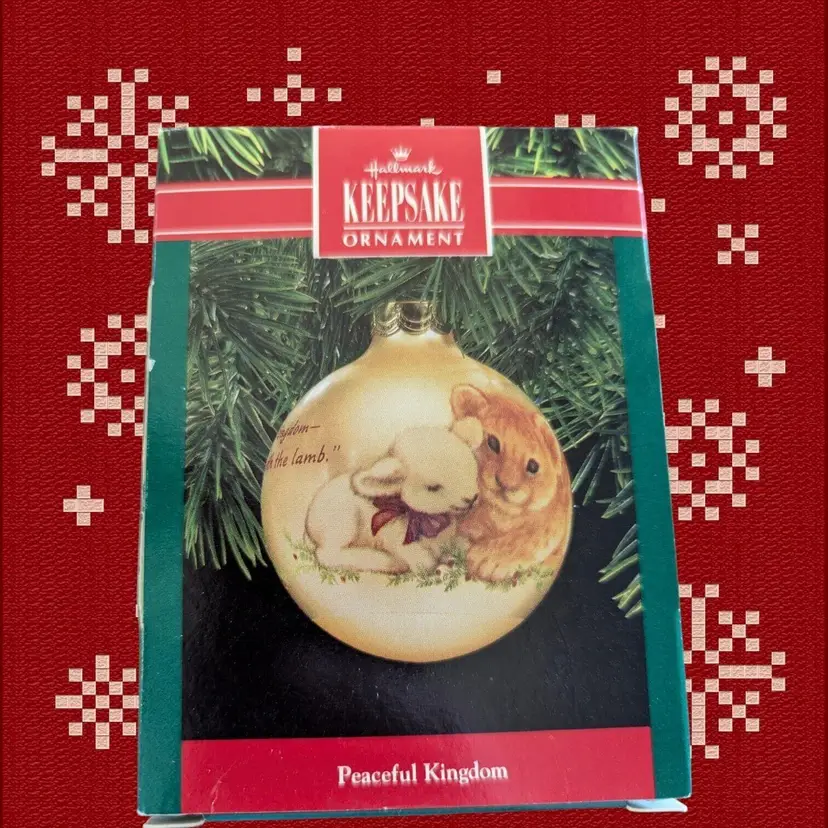 Vintage 1990 Hallmark Keepsake Peaceful Kingdom Glass Ornament Lamb Lion Boxed