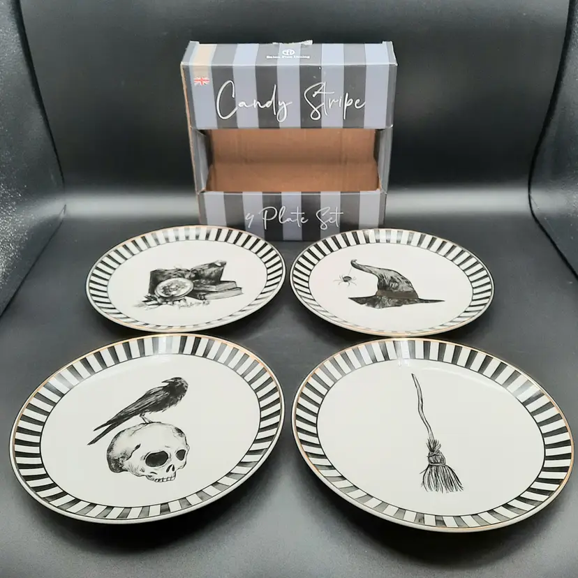 Halloween Dessert Salad Plates Set of 4 Black White Candy Stripe by Eaton Fine Dining 4 Different Designsin