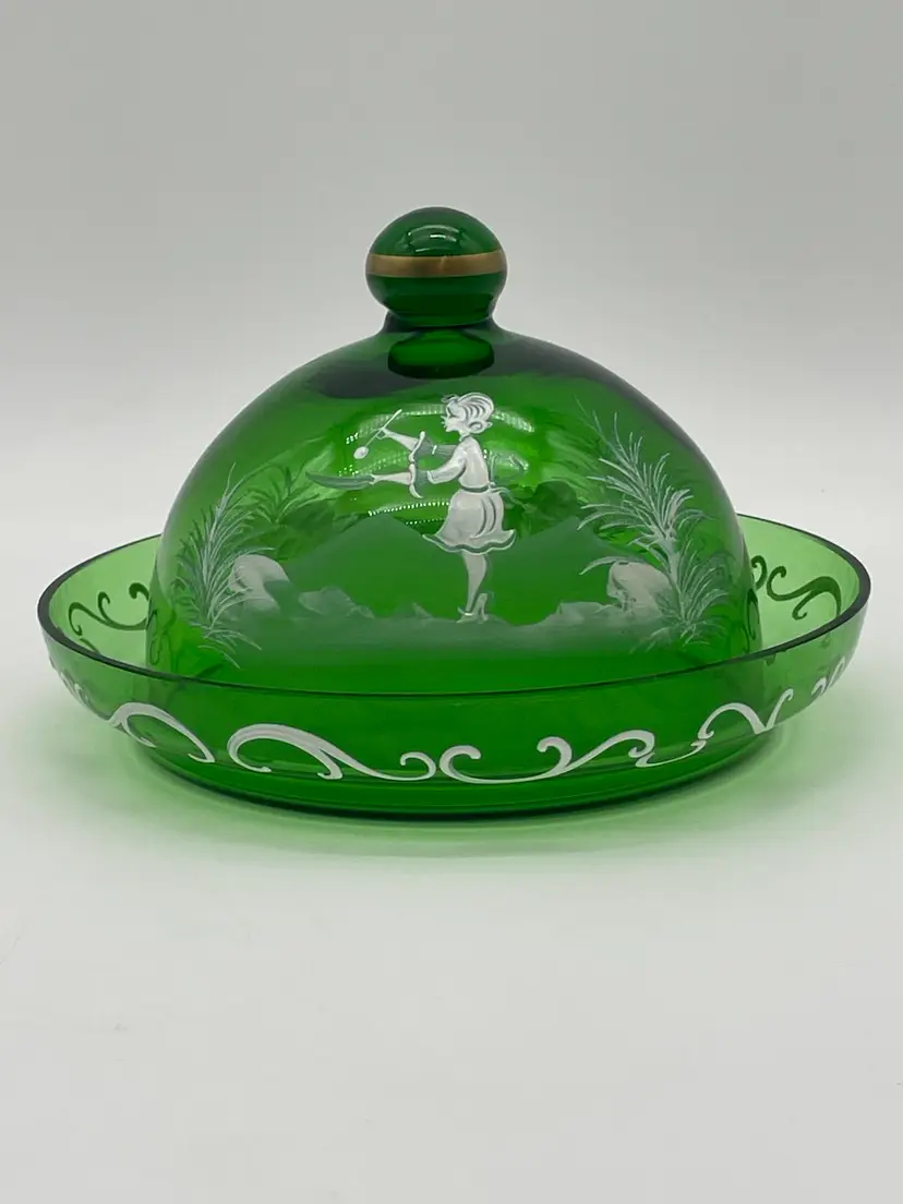 Vintage Mary Gregory Apple Green Glass Butter Dish With Lid 1960’s