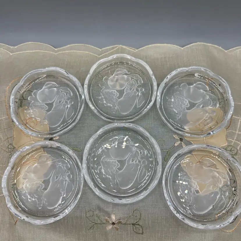 🐞 Vtg Val Saint Lambert Crystal Coasters Brussels Intaglio Frosted Fruit Set of 6