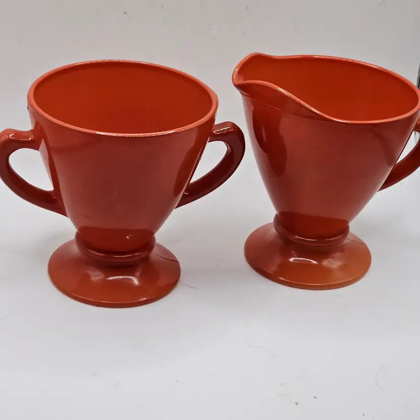 Hazel Atlas Creamer Open Sugar Orange Set 1940s Vintage Ovide Platonite