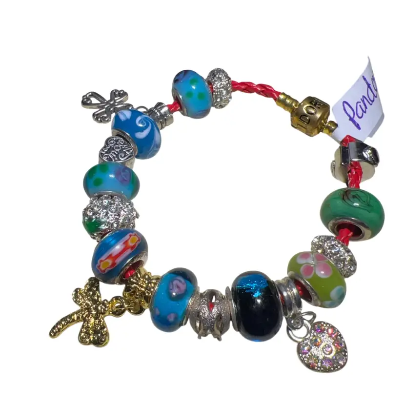 Pandora Charm Bracelet Red Leather Woven Bracelet With 18 Charms Some Marked 925, 8 Glass Slider Beads
