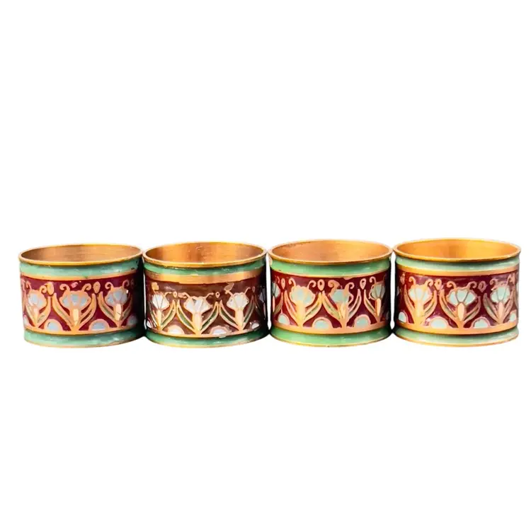 4pc COPPER NAPKIN RINGS 
Cloisonné Red Green Enamel