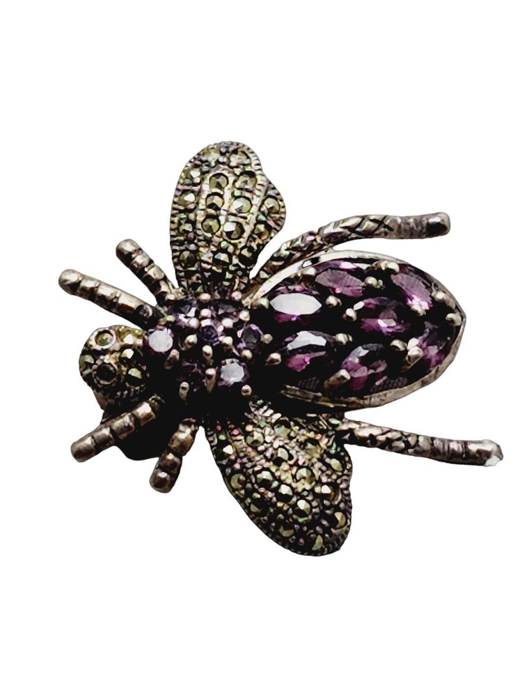 Vintage 925 Sterling & Amethyst Fly/Bug Brooch (A1382)