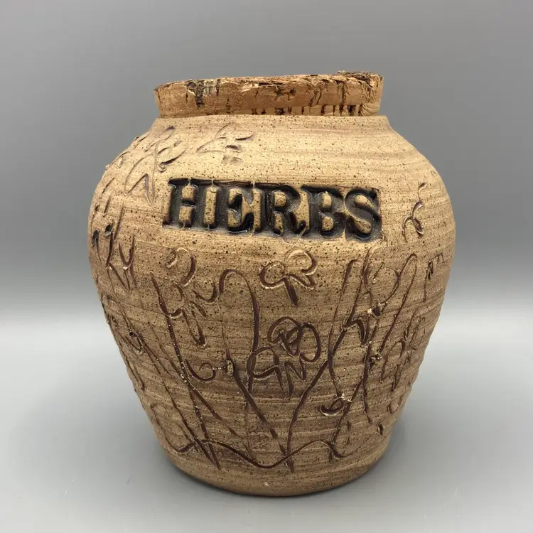 Vintage 1993 "Herbs" Black Creek Pottery Stoneware Jar Crock with Cork Top & Original Paper - Signed
