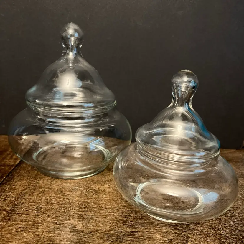 Vintage Set of 2 Circus Tent Style Apothecary Clear Glass Jars 4.5" & 6” ~ EUC
