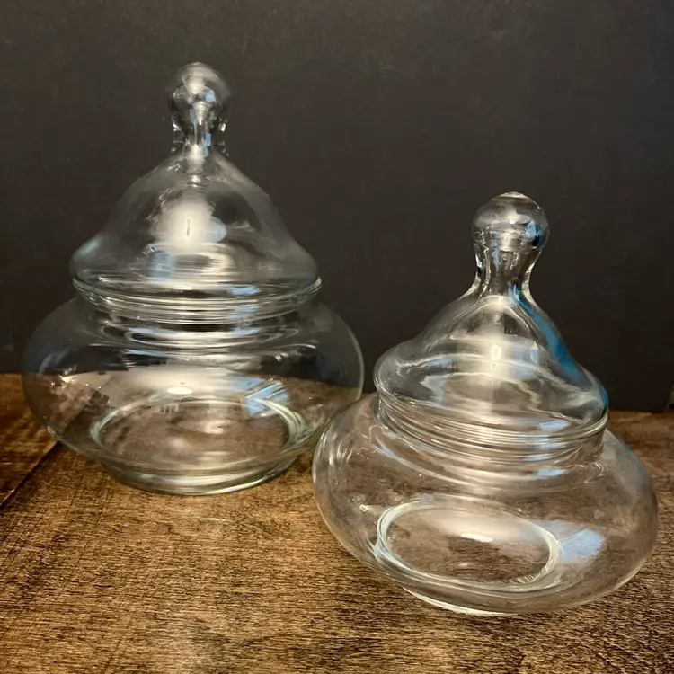 Vintage Set of 2 Circus Tent Style Apothecary Clear Glass Jars 4.5" & 6” ~ EUC
