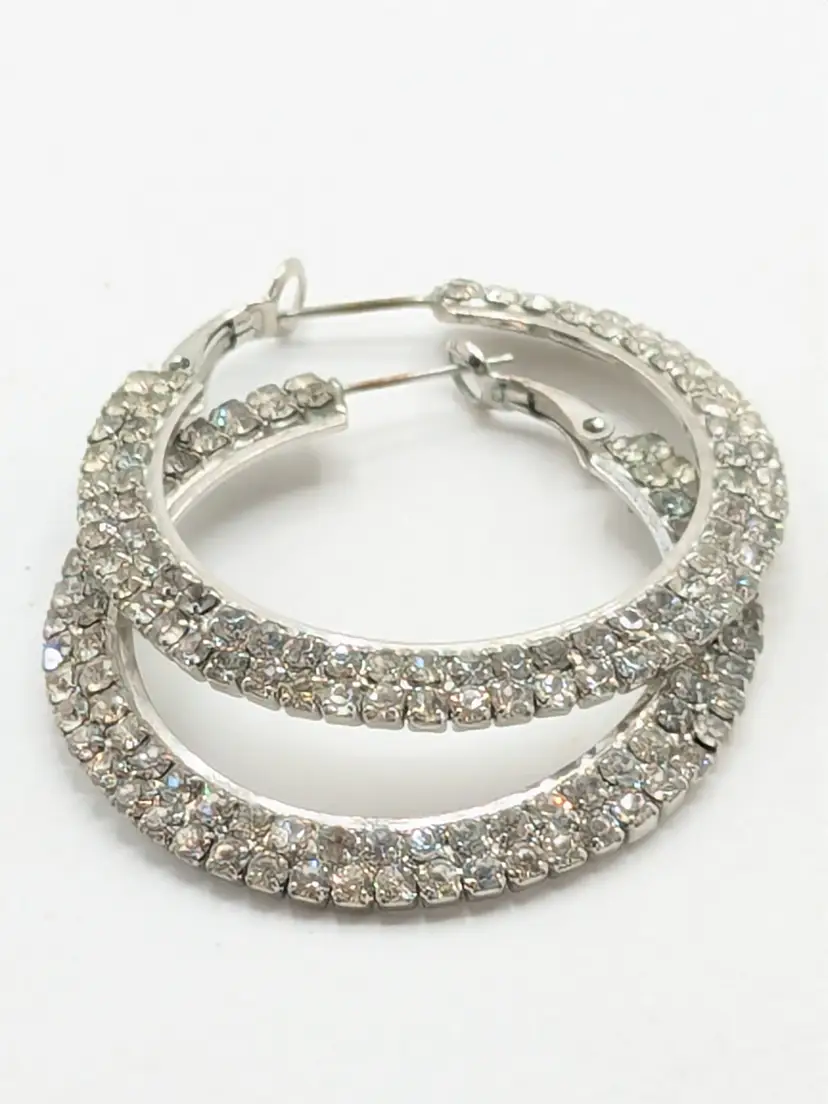 Silver Tone Rhinestone Hoop Earrings