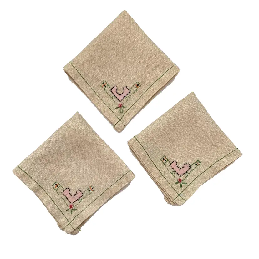 Embroidered Linen Luncheon Napkins Lot 3 Cottage Core Vintage 10”